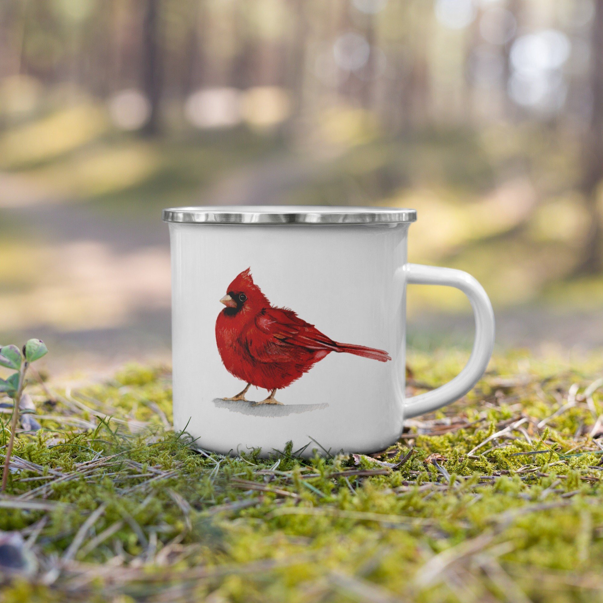 Red Cardinal ~ Enamel Mug ~ watercolor mug ~ metal cup ~ enamel coffee tea camp mug