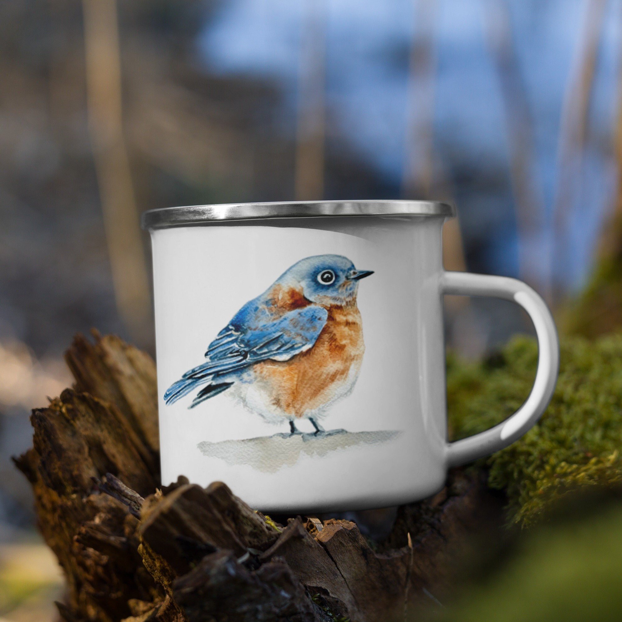 Bird and Psalm ~ Under His Wings Enamel Mug ~ Psalm 91 ~ Bible verse, scripture, watercolor mug