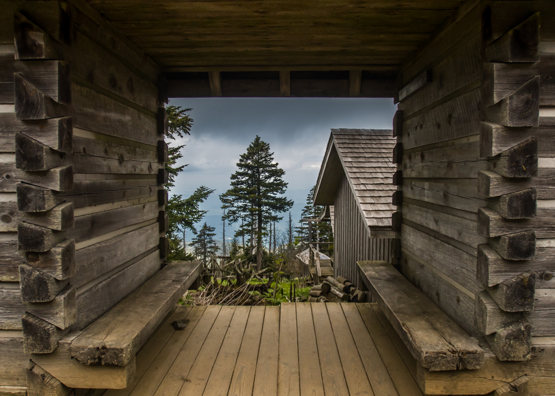 Looking through log cabin in LeConte Village