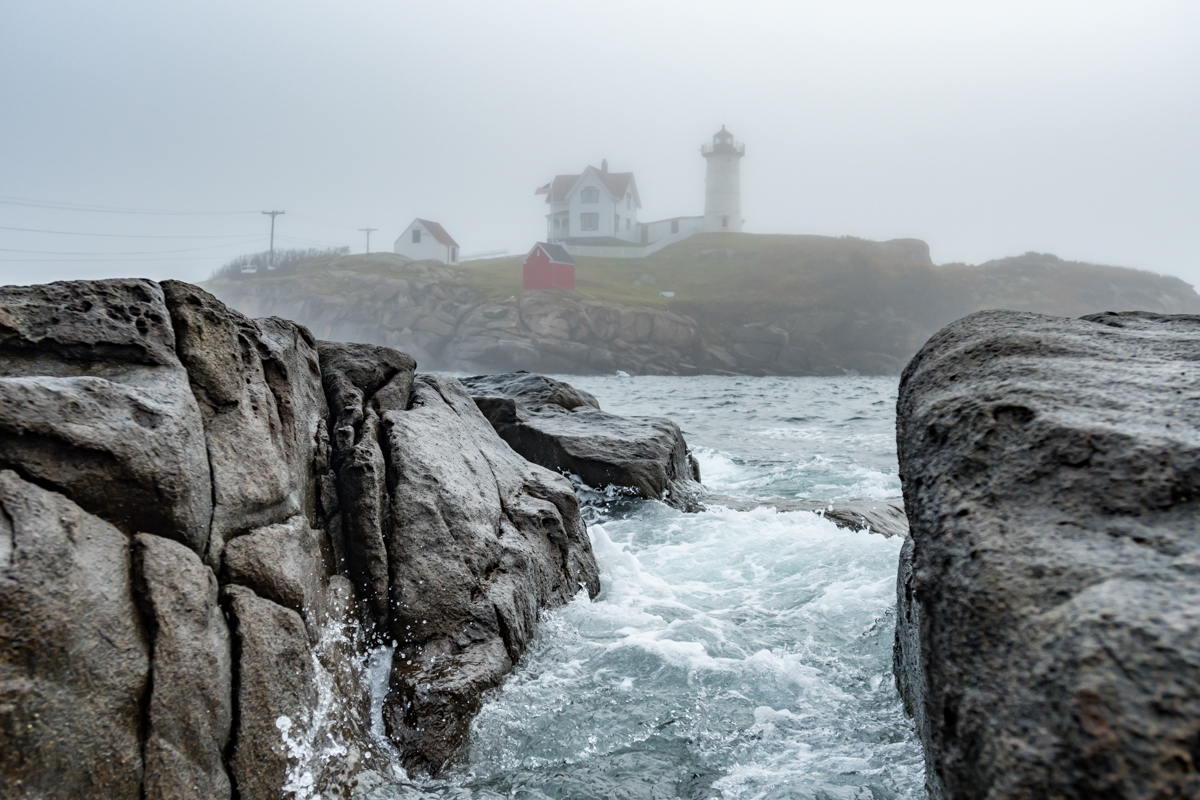 Water Rushes Through Rocks at Cape Neddick Lighthouse