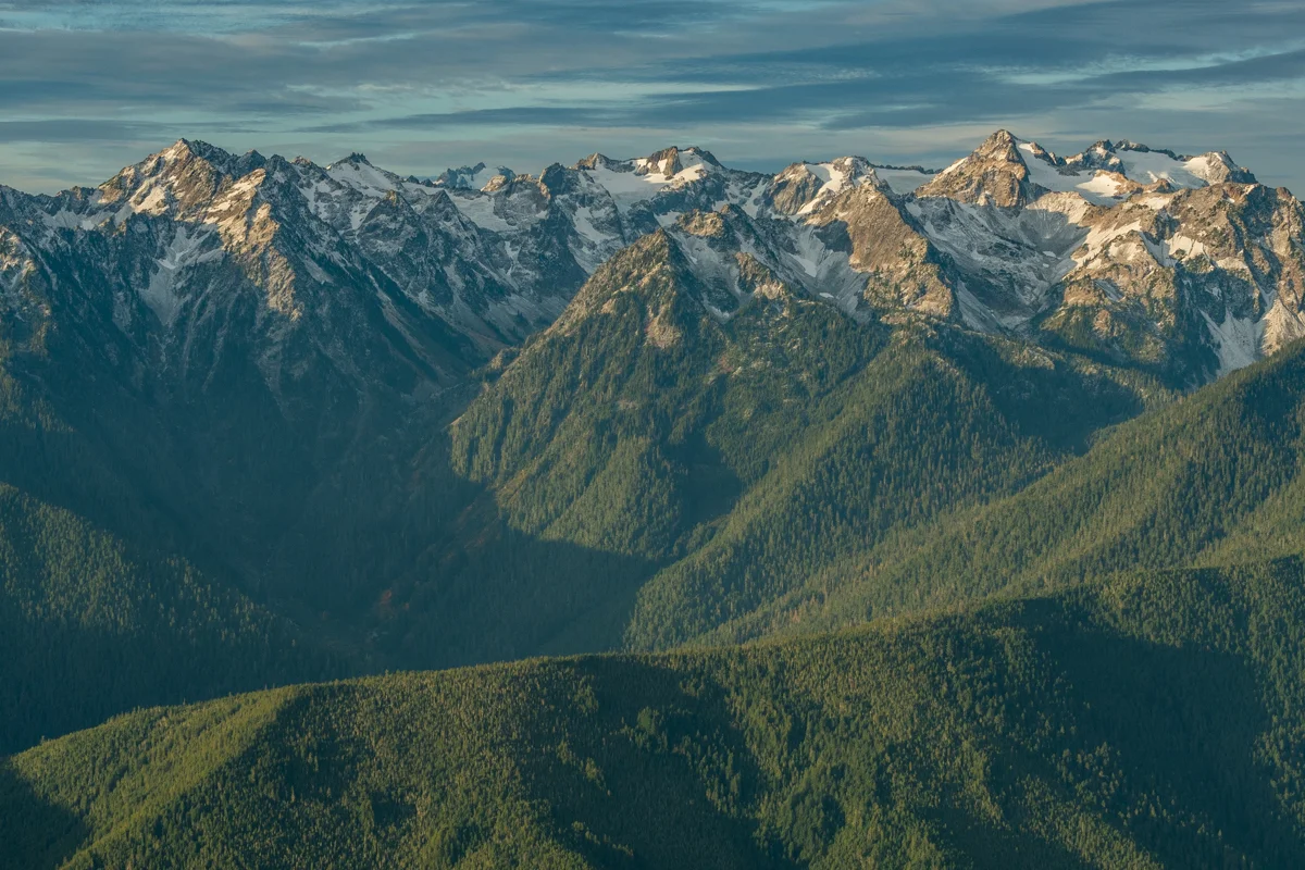 Snow capped Mount Olympus and Hoh valley