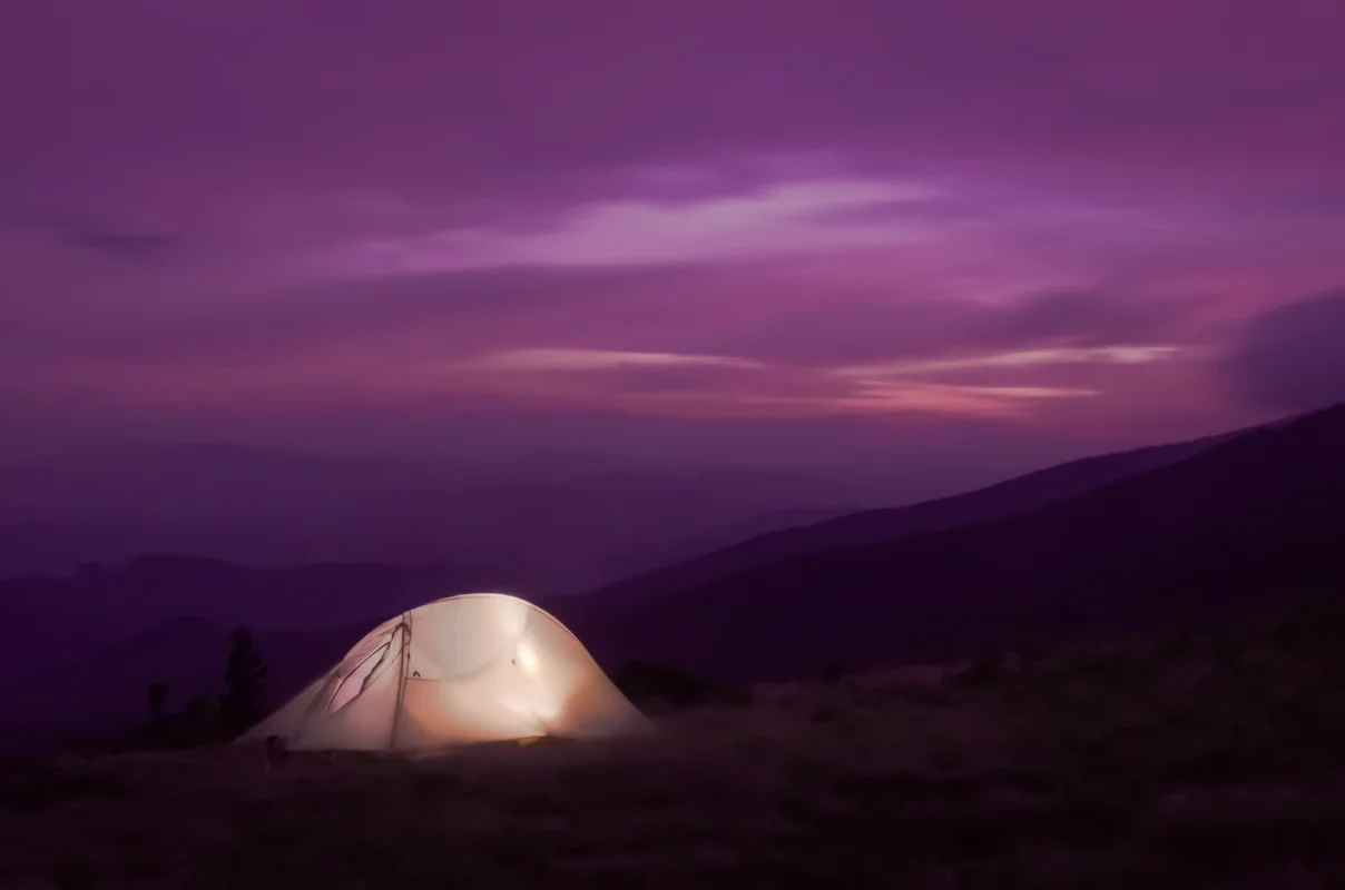 Lit up tent at Sunset