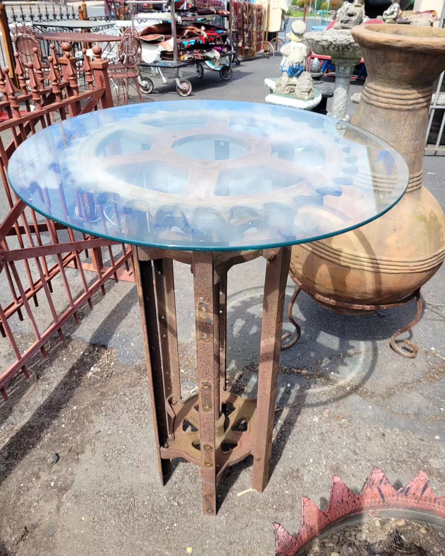 Reclaimed table with glass top 

28&quot; diameter 
38&quot; tall 

$225 

#mergegallery #frenchtownnj #reclaimed #table #reclaimedfurniture #industrialdesign #industrial #interiordesign #glasstoptable #homedecor #hunterdoncounty #newjersey