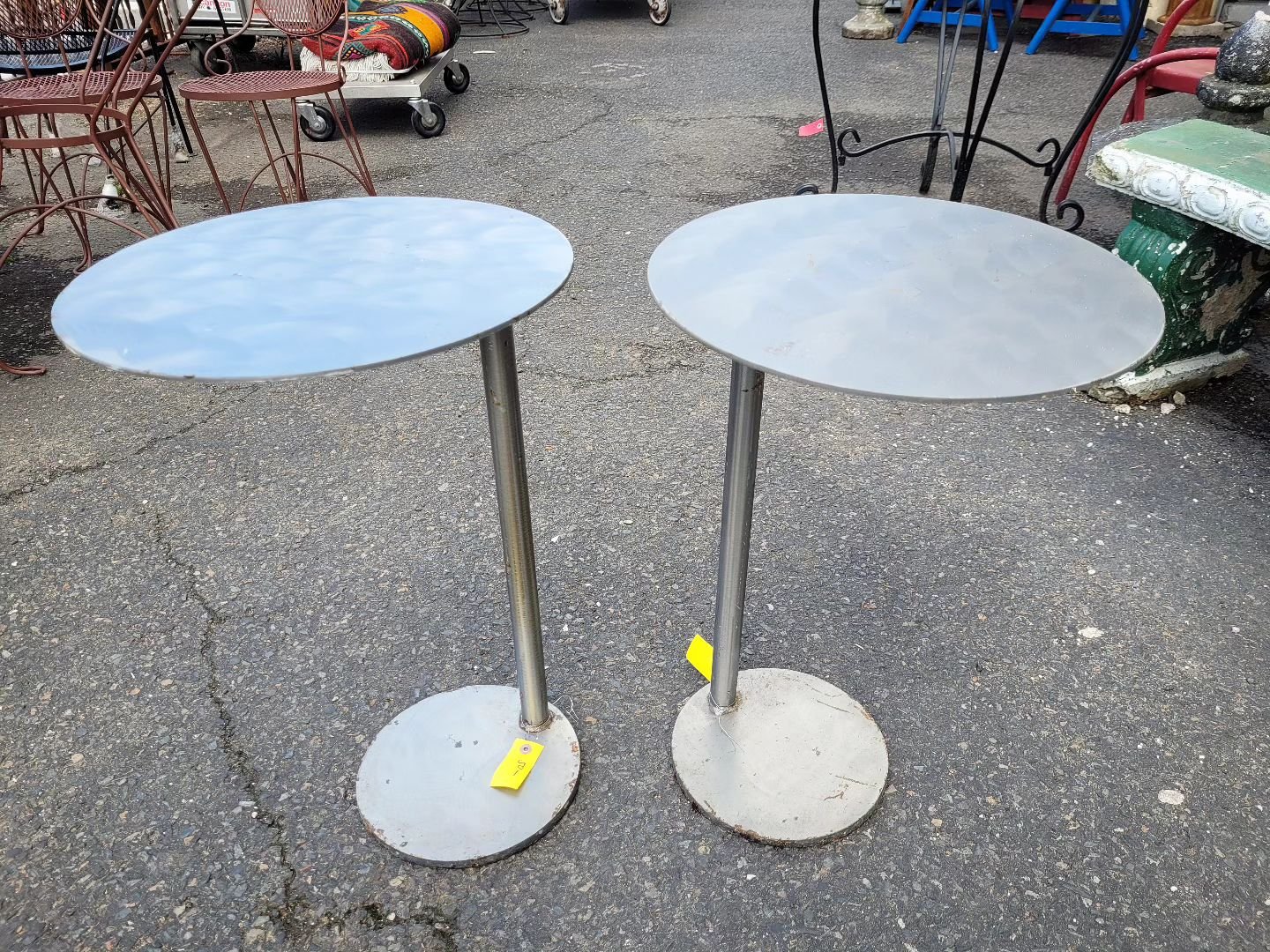 Pair metal end tables 

$50 each 

15&quot; diameter 
24&quot; tall

#mergegallery #frenchtownnj #endtable #metaltable #endtables #interiordesign #industrialdesign #furniture #homedecor #decorinspo #interiors