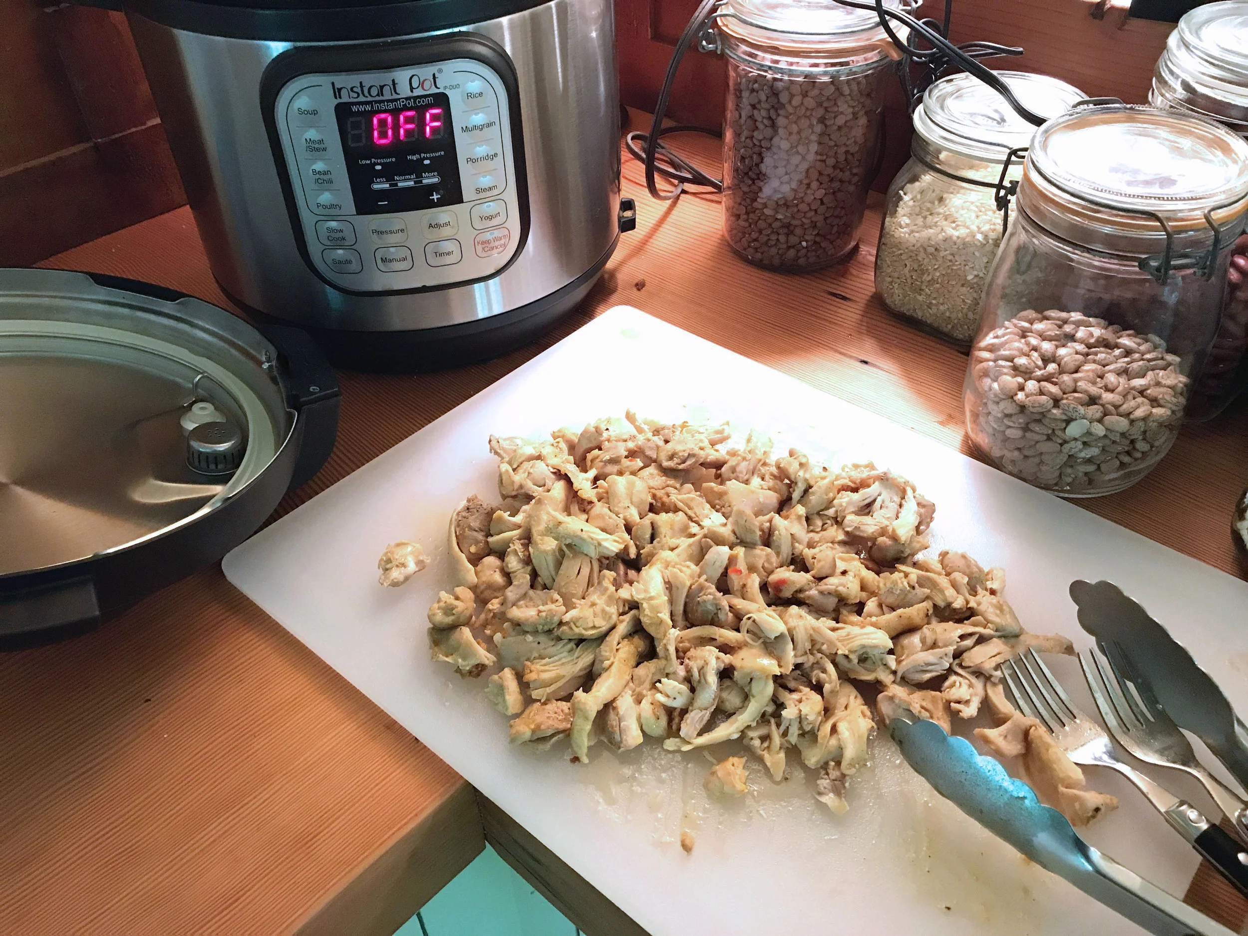 Pull the chicken out, shred it and return it to the pot