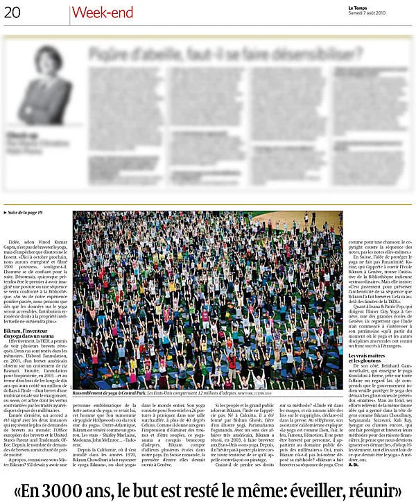 Interview with Ioana and Patric Pop of INNERCITYOGA in Geneva about the state of yoga in Switzerland in Le Temps, 2010