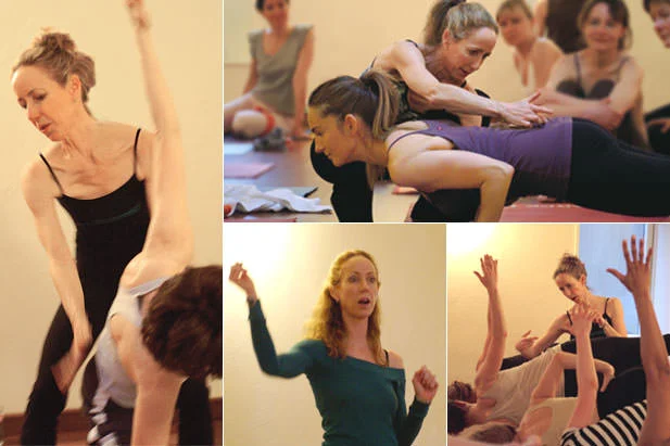 Annie Carpenter demonstrating Chaturanga Dandasana on INNERCITYOGA founder Ioana.