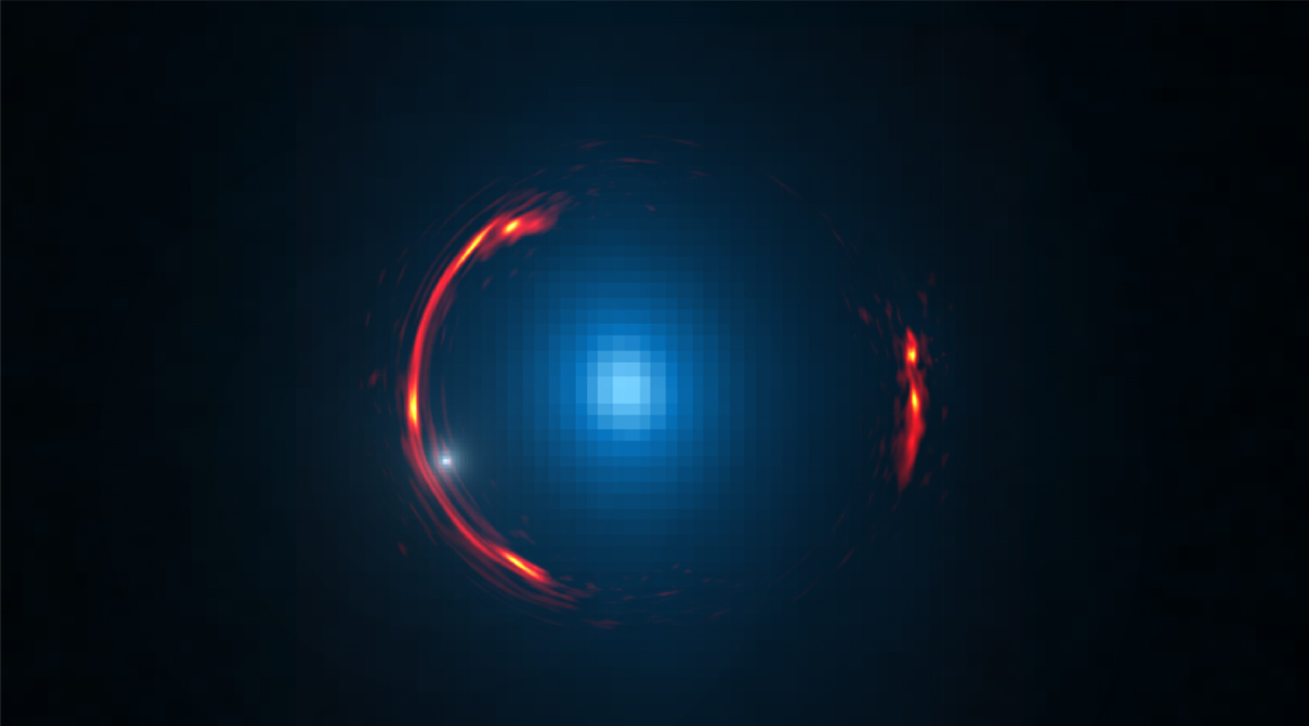 Composite image of the gravitational lens SDP.81 showing the distorted ALMA image of the more distant galaxy (red arcs) and the Hubble optical image of the nearby lensing galaxy (blue center object). Credit: Y. Hezaveh, Stanford Univ.; ALMA (NRAO/ESO/NAOJ); NASA/ESA Hubble Space Telescope
