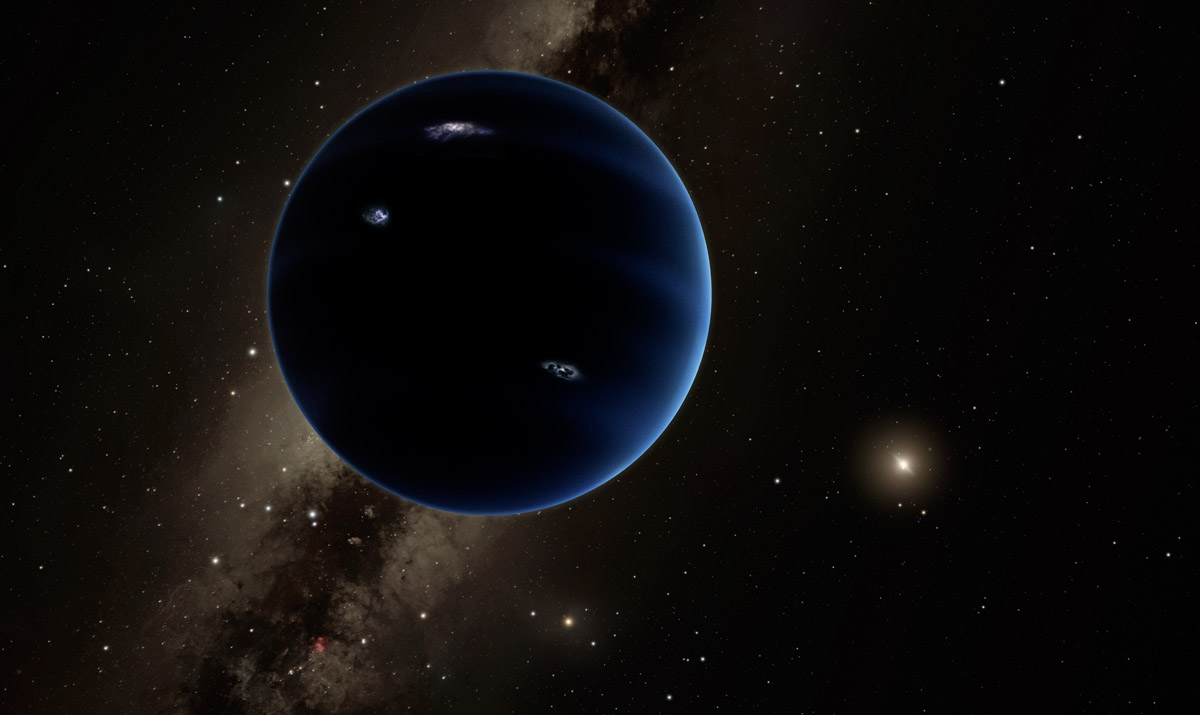 This artistic rendering shows the distant view from Planet Nine back towards the sun. The planet is thought to be gaseous, similar to Uranus and Neptune. Hypothetical lightning lights up the night side. Credit: Caltech/R. Hurt (IPAC)