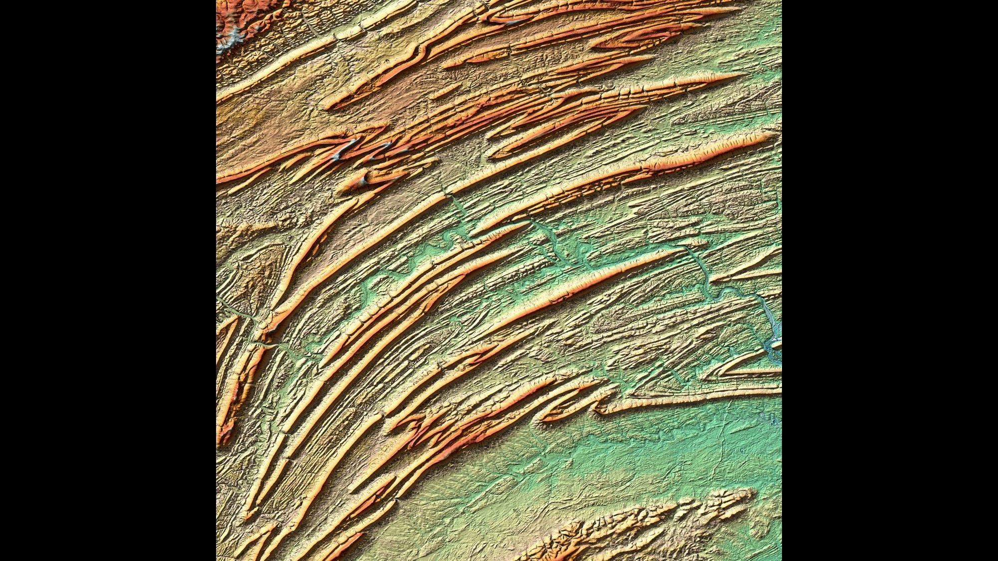 Appalachen, Pennsylvania, USA as viewed topologically from space. Credit: DLR