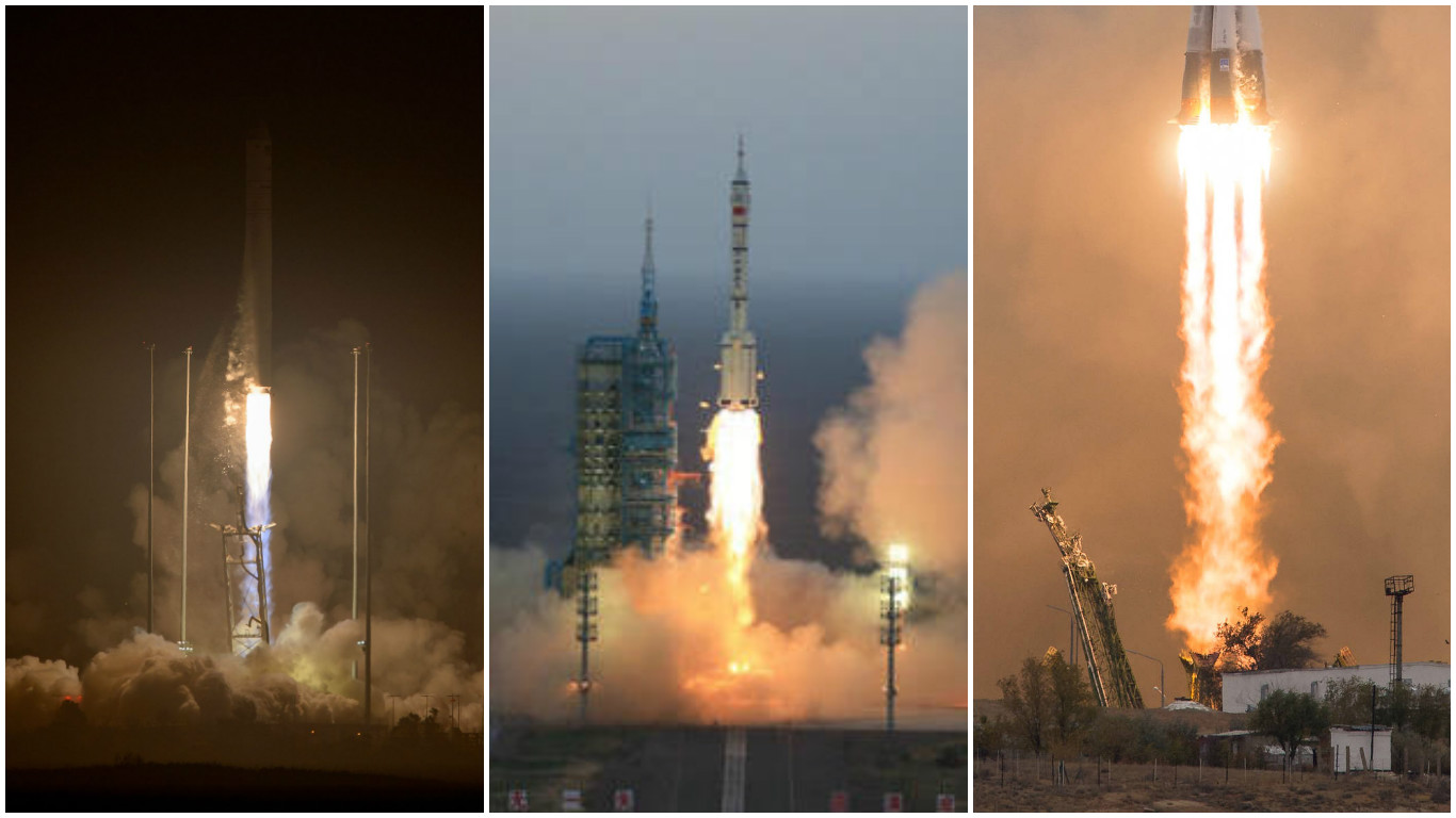 A composite image of three launches: Antares (Oct. 17, 2016), Shenzhou 11 (Oct. 17, 2016), Soyuz (Oct. 19, 2016) Credits: NASA/Bill Ingalls, XINHUA via AP Photo, NASA/Joel Kowsky
