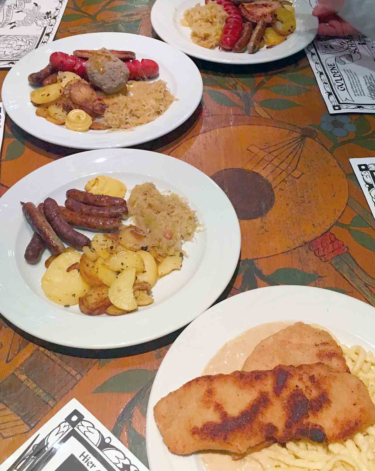 Spätzle, schnitzel, sausages, and sauerkraut in Heidelberg.