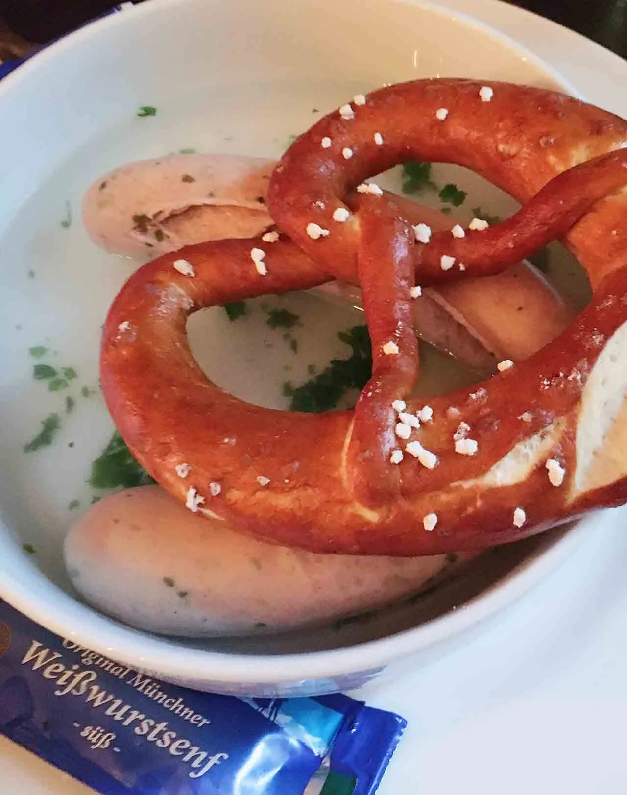 Weisswurst and a big doughy pretzel at Vetter's Alt in Heidelberg.