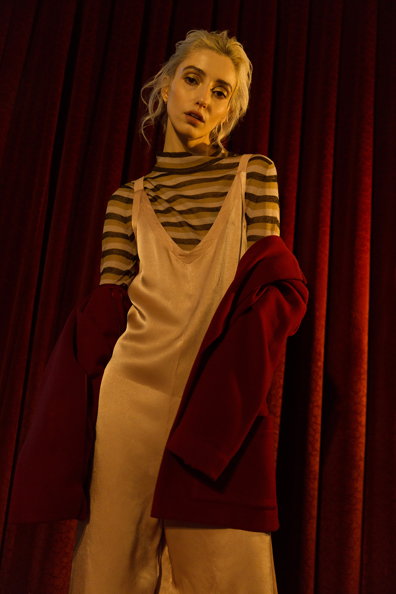 Carly blazer by LIKE (courtesy of Nonna) , metallic stripe sweater by Pari Desai , Santi jumpsuit by LACAUSA