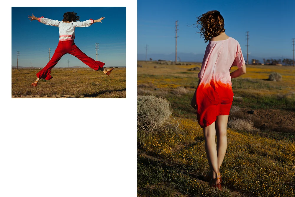 (left) Bliss and Mischief scalloped off-the-shoulder top and Selva Negra pants, (right) Jill Aiko Yee 'Sunset' tunic
