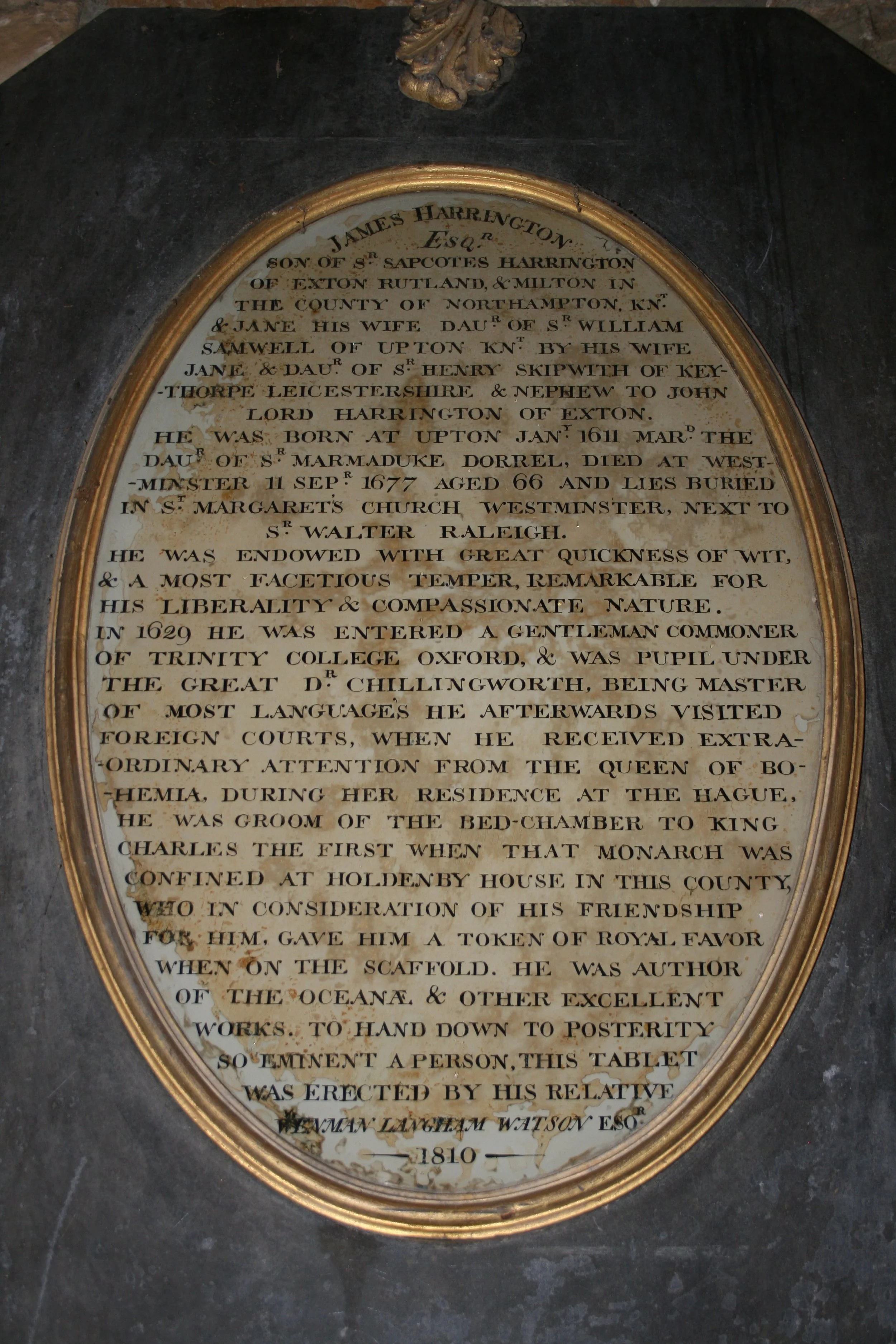 Plaque commemorating James Harrington in Upton Church, Northants. Photograph by John Gurney.