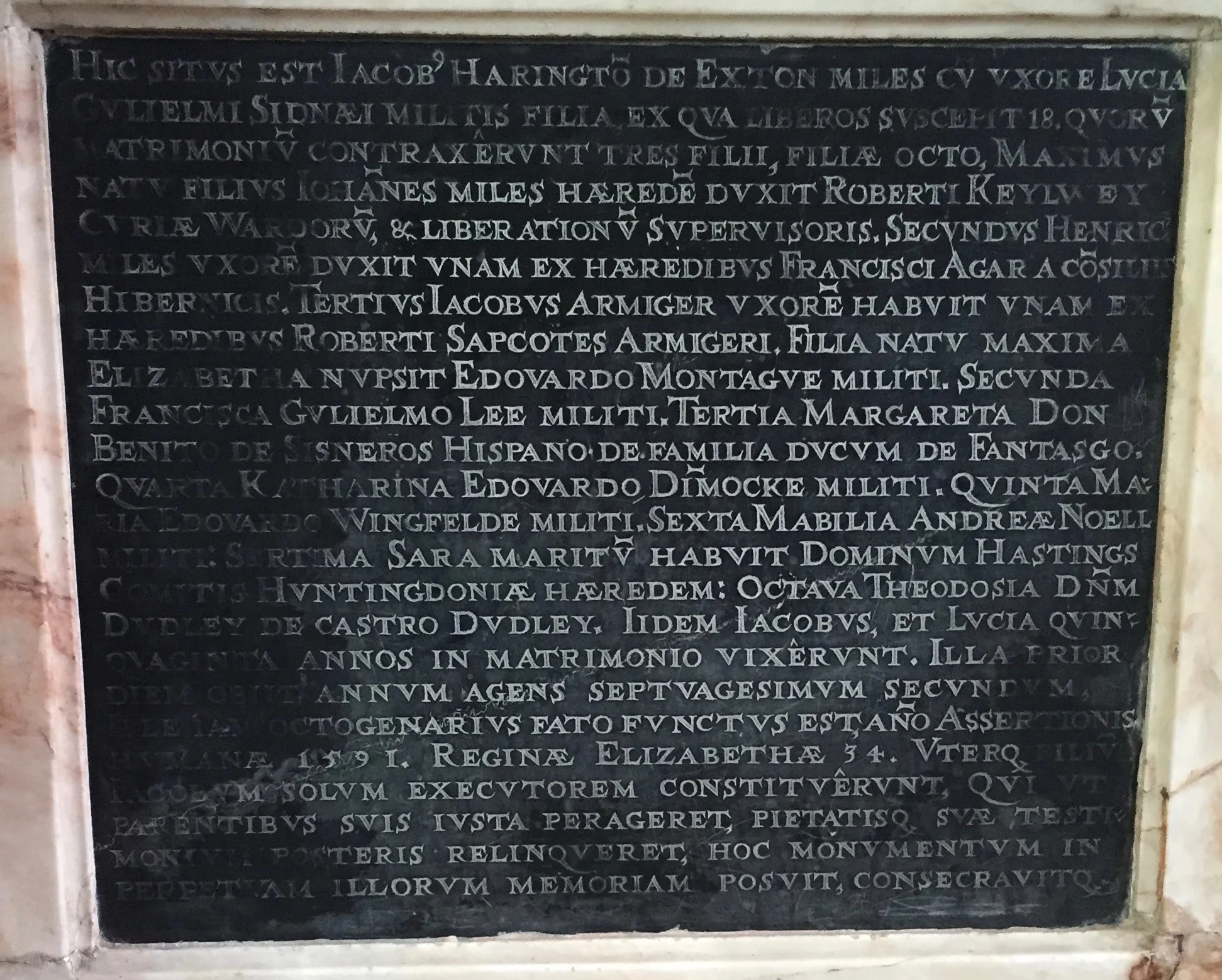 Memorial to Sir James Harington of Exton (1511-1592), father to Sir James and Sir John and great grandfather of James Harrington (1611-1677). Image by Rachel Hammersley.