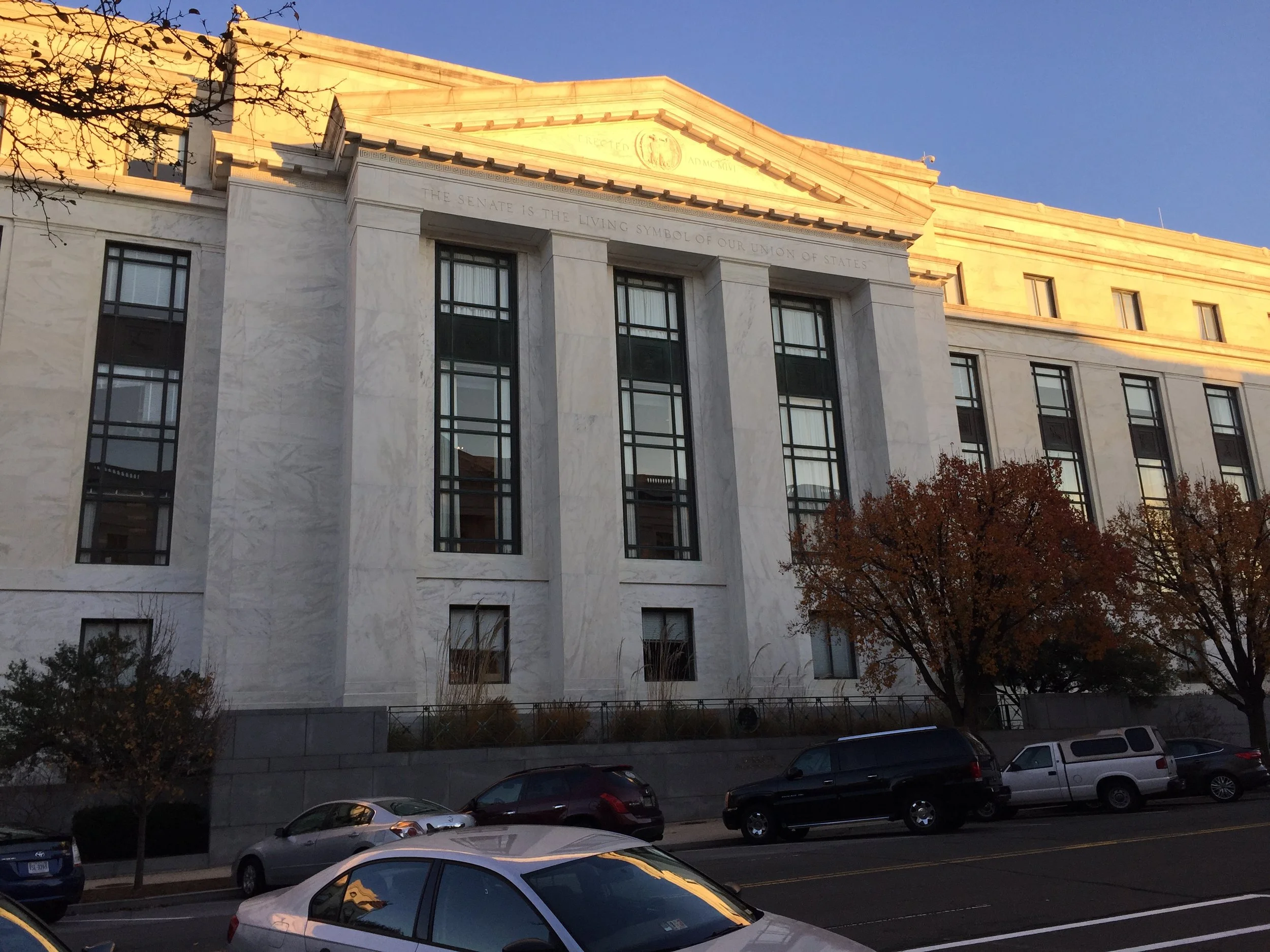 The Senate Building, Washington DC. The wording at the top reads 'The Senate is the Living Symbol of the Union of States'. Harrington would no doubt have approved. Image by Rachel Hammersley.