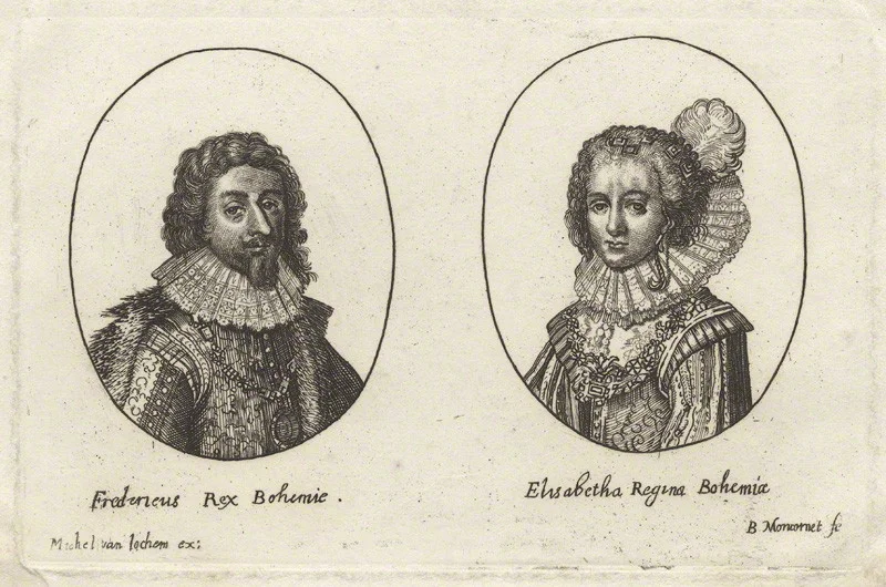 Frederick V King of Bohemia and Elector Palatine and Princess Elizabeth Queen of Bohemia and Electress Palatine, possibly by Balthasar Moncornet, after unknown artist, early 17th century. NPGD26454. Reproduced under a creative commons licence from the National Portrait Gallery.