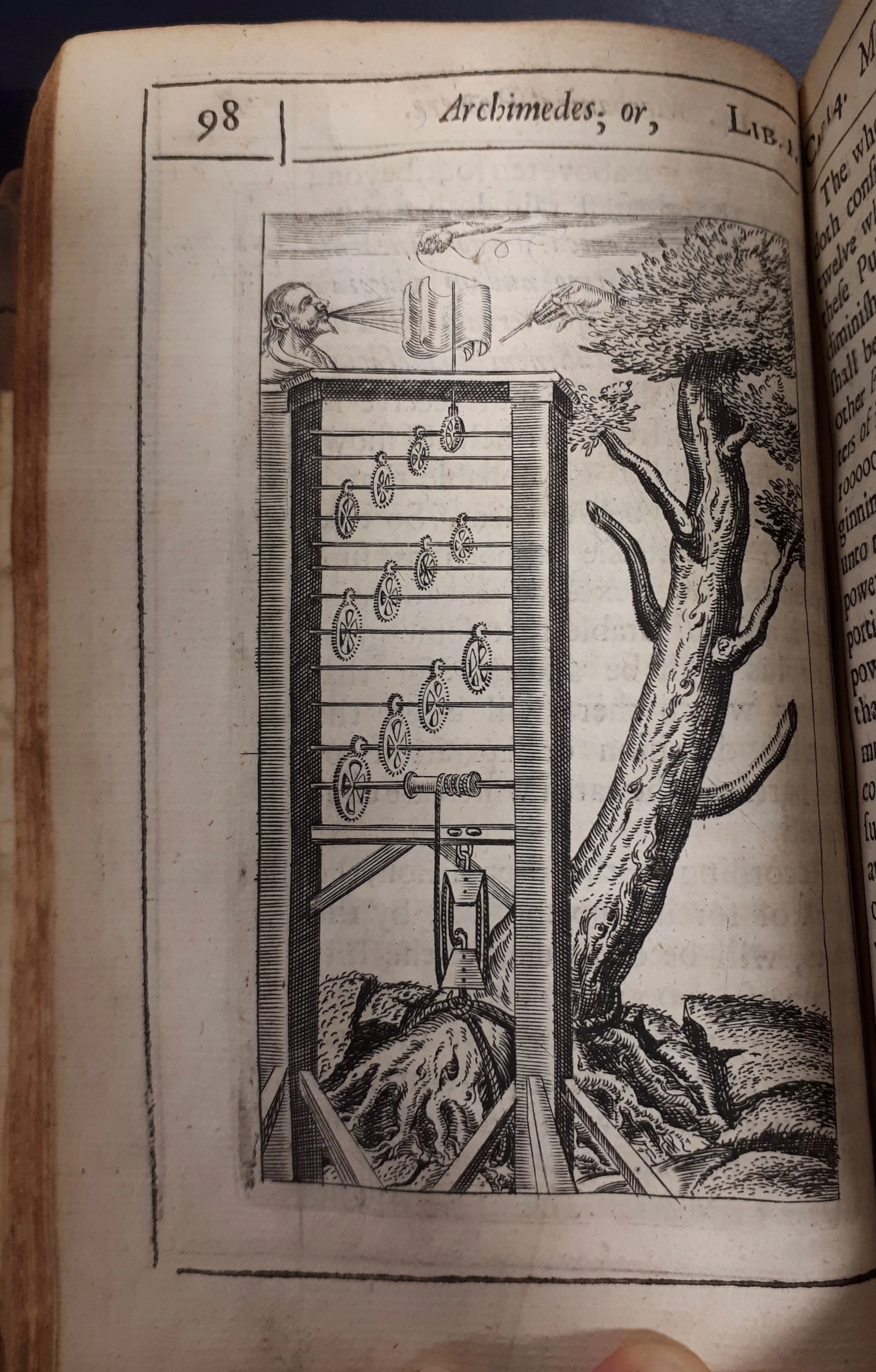 Harrington ridiculed Wilkins’s suggestion, illustrated here, that it would be possible to uproot a tree using only a machine constructed of two double pulleys, twelve wheels and a sail.