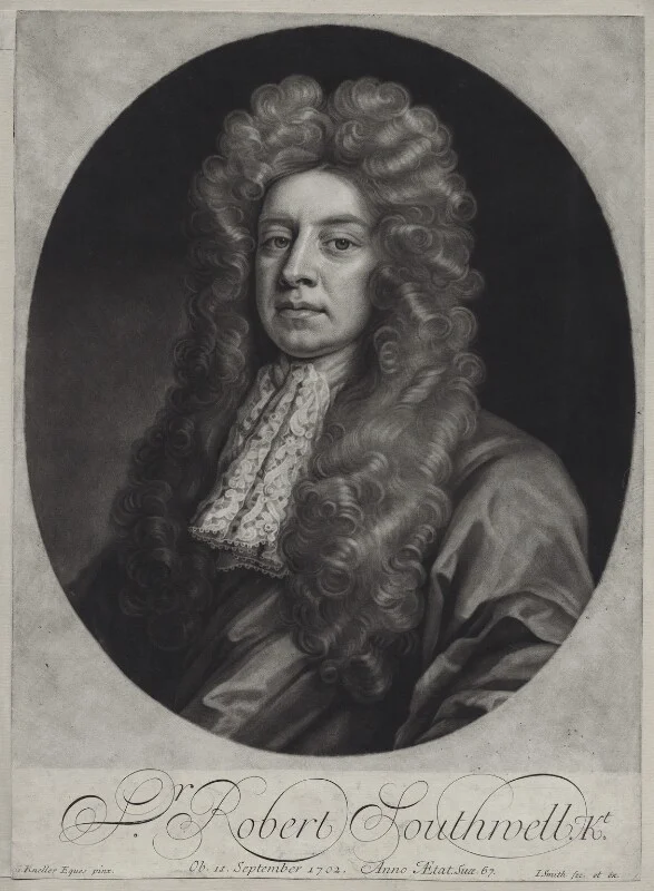 Sir Robert Southwell by John Smith, after Sir Godfrey Kneller, Bt, mezzotint, 1704. Reproduced under a creative commons license from the National Portrait Gallery, NPG D31190.