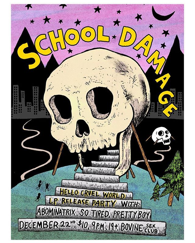 💀Poster for @schooldamage @so_tired_band @prettyboyband and Abominatrix at @bovinesexclub .
.
.
.
#skull #showposter #posterart #design #illustration #cartoon #scene #instaart #poster #show #toronto #torontomusic #skeleton #pink #art