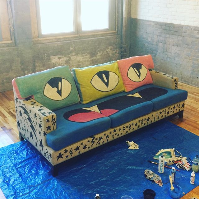 Okay so @bywitly got me to paint up some furniture for their new spot. This is the couch I fabric-painted&mdash;might add more colour to the beige base, not entirely sure yet. But yeah! This project is strange and fun, I am happy the way it is starti
