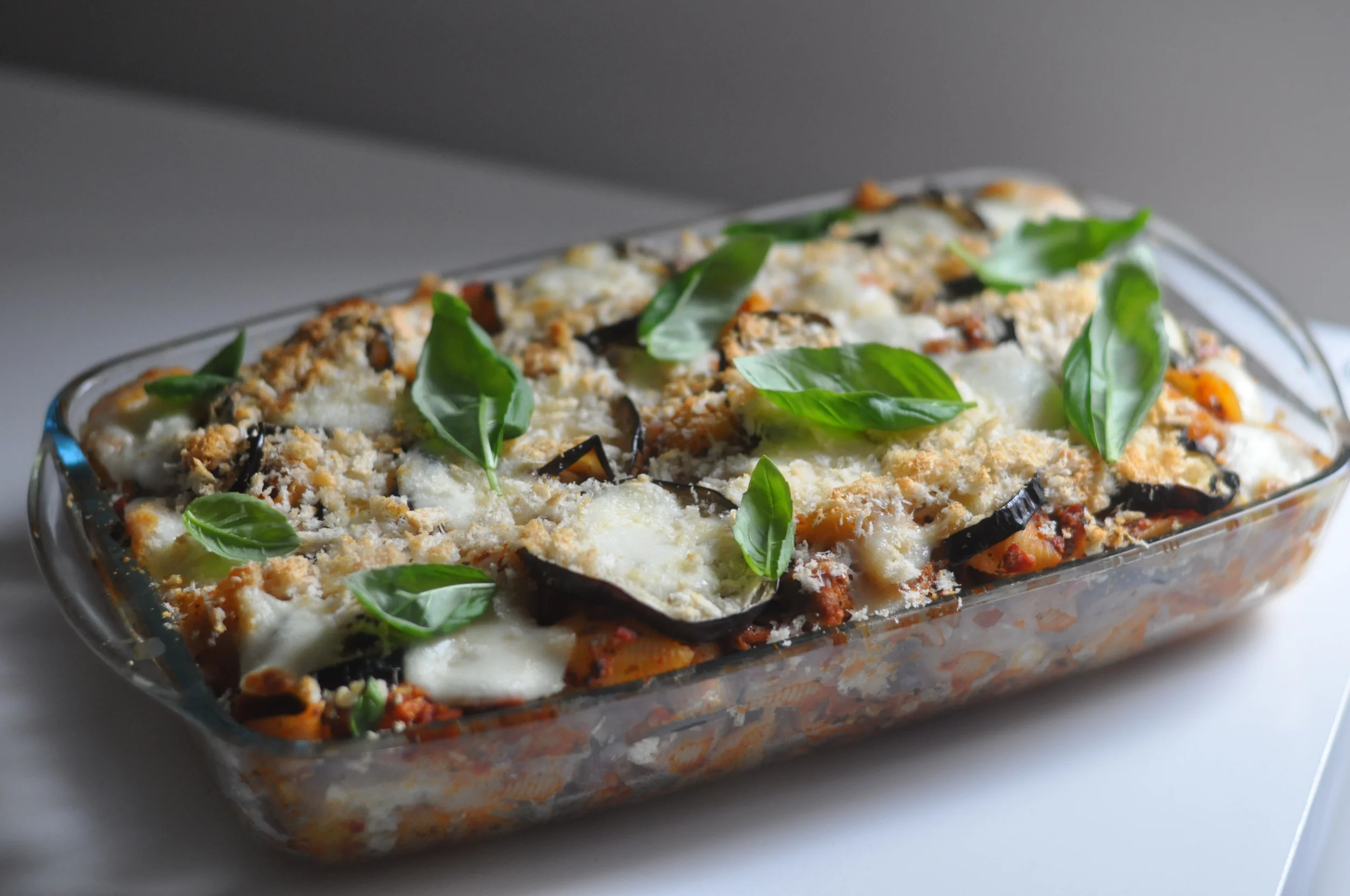 Sausage, roasted aubergine and mozzarella pasta bake