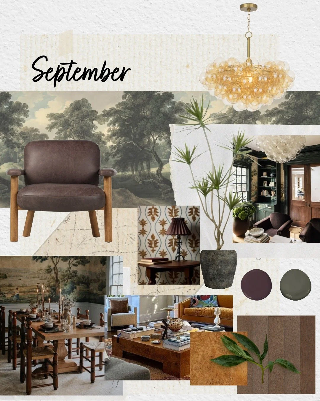 My September mood board has me leaning into rich tradition and cozy layers. 🌿✨

This month I&rsquo;m inspired by:
🍂 Forest-like wallpaper murals that ground a room in nature
🌳 Burled wood accents that bring depth and warmth
💡 Modern lighting pair