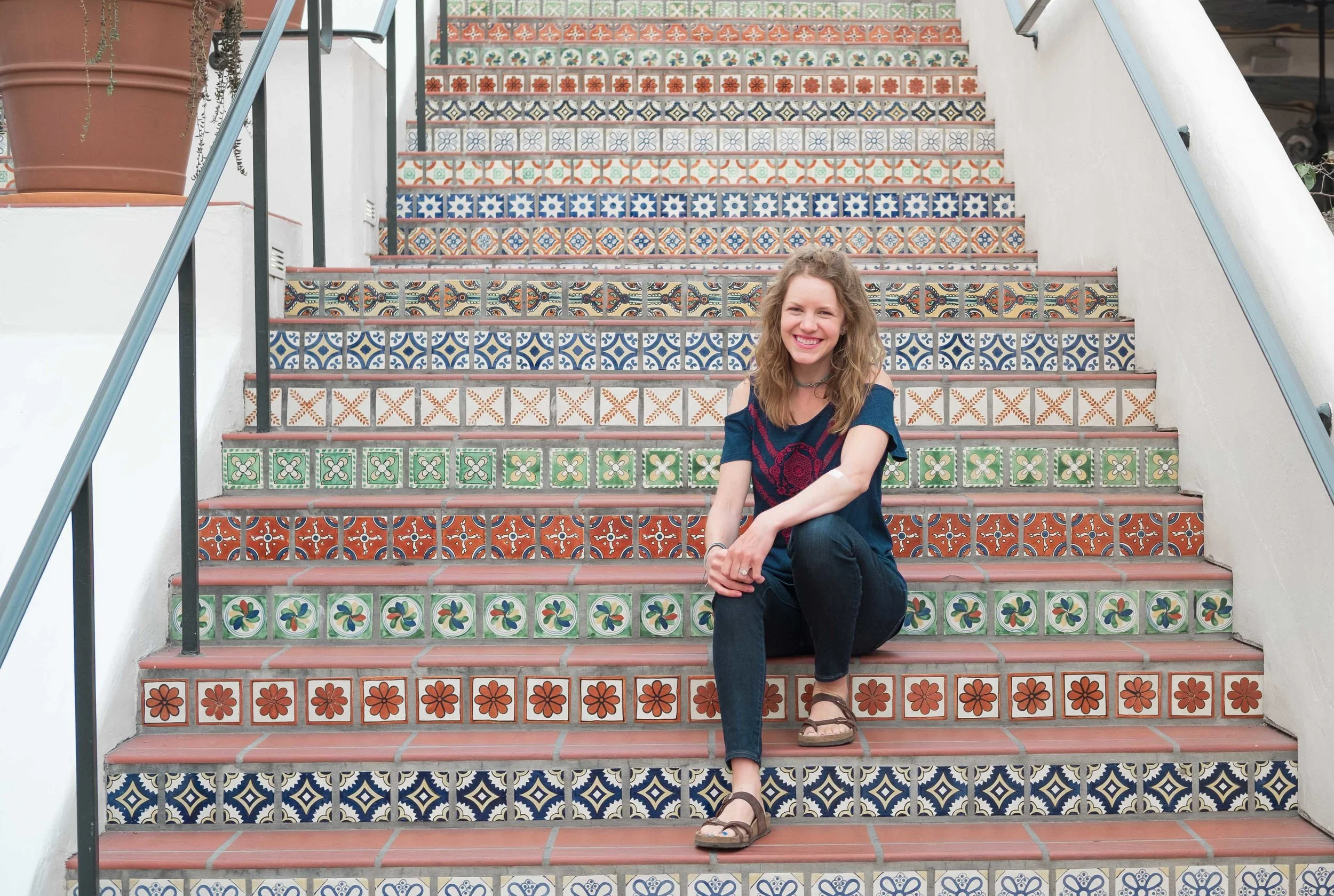 Enjoying the awesome spanish style steps at Paseo Nuevo!