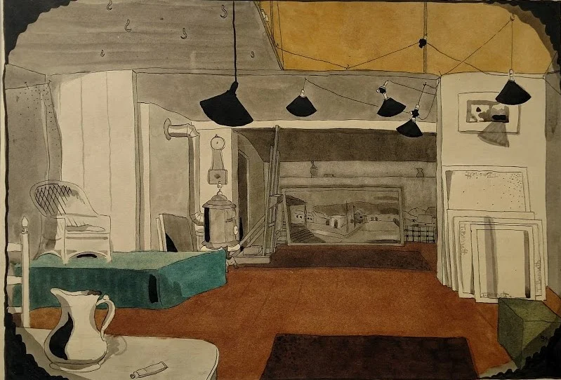 Barrett's watercolor of the studio, facing south.