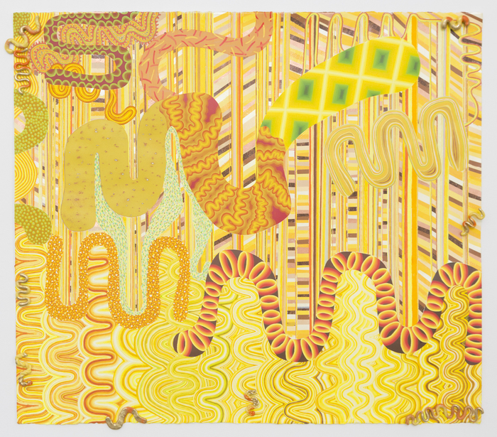 Sophie Isaak - I’m Not That Bad - S ilk screen, colored pencil, hot stamped foil, ink, sculpey, spray paint, magnets (42" x 48") $5000