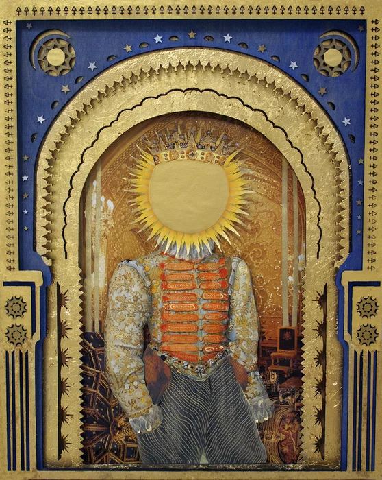 Deming Harriman Sol King Mixed Media: collage, laser cut wood, gold leaf, paint (16" x 24") $2500