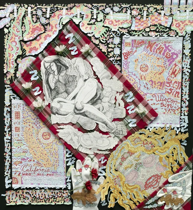 Christine Miller California-Dreamin' on Such a Wisconsin Winter's Day!! Colored pencil, ink markers, charcoal, collage, assemblage (30" x 27" x 3") $3200