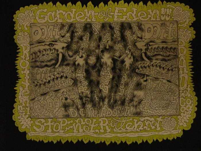 Christine Miller Garden of Eden: Don't Do It!! Modified dry-point print w/ mixed media, cut-out edge 16" x 20" x 2" $2700.00