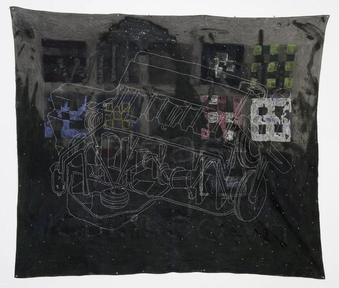 Henry Bell - Quilt #2 - Oil, embroidery, metal studs, quilt (72" x 72" ) $6000