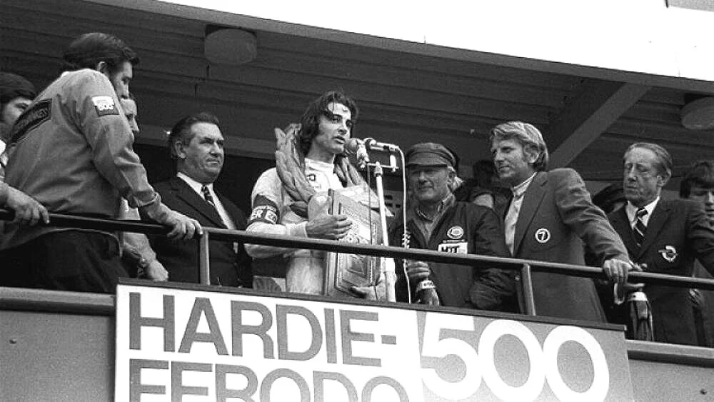 King of the mountain - Brock on the winners podium for his first victory at Mt Panorama in 1972. It would be the first of nine - vale Peter Brock
