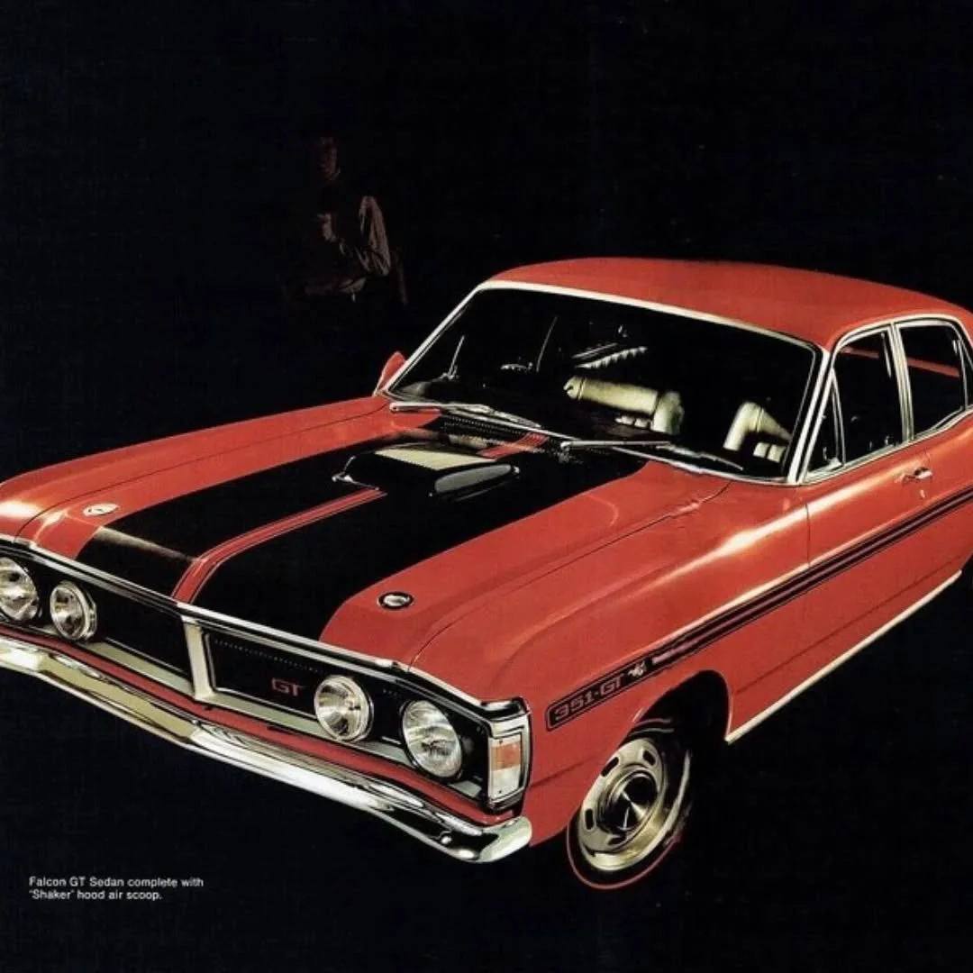 1971 Ford XY Falcon GT-351 sedan with shaker intake.