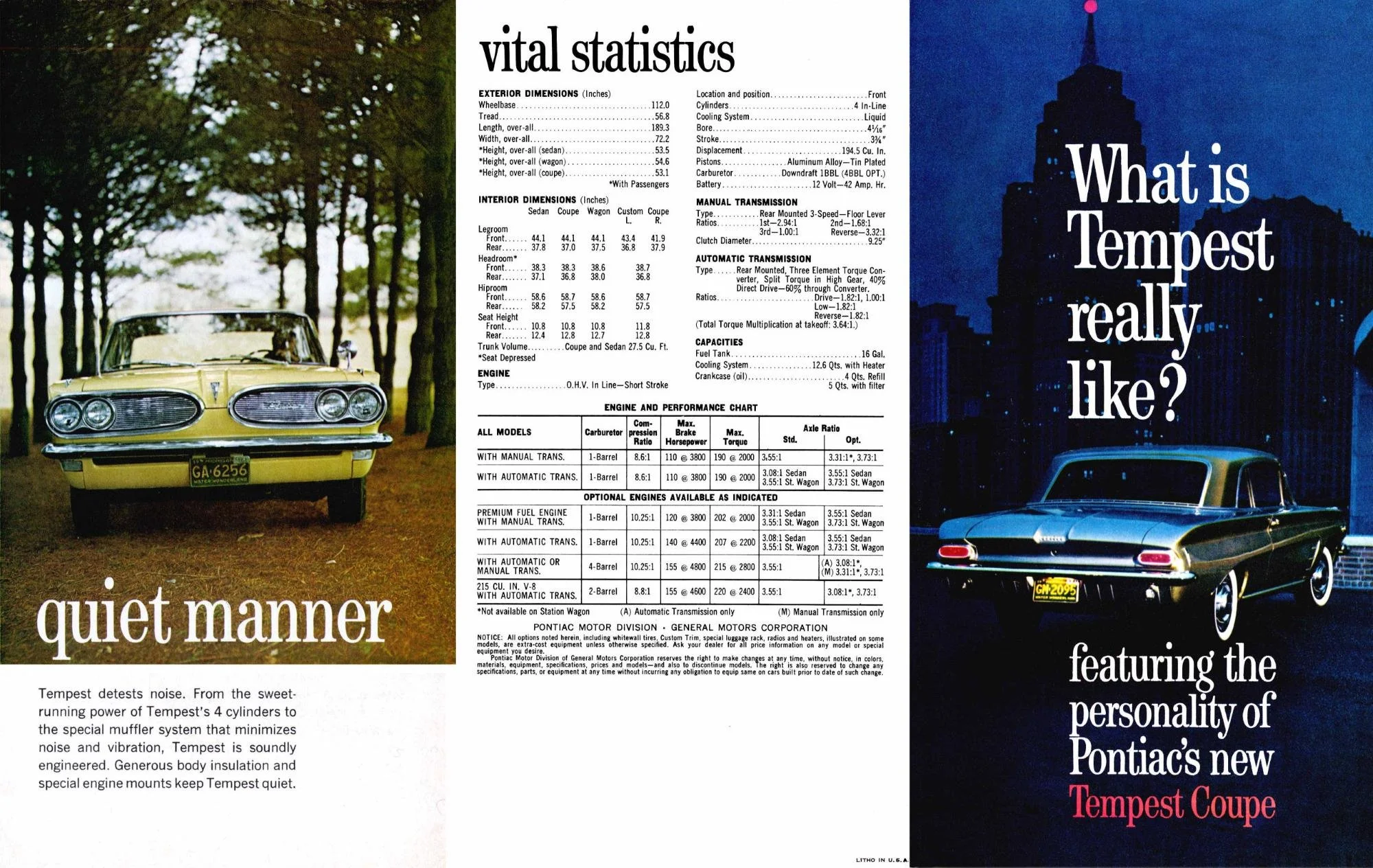 1961 Pontiac Tempest ‘vital statistics’ - vintage print ad. 