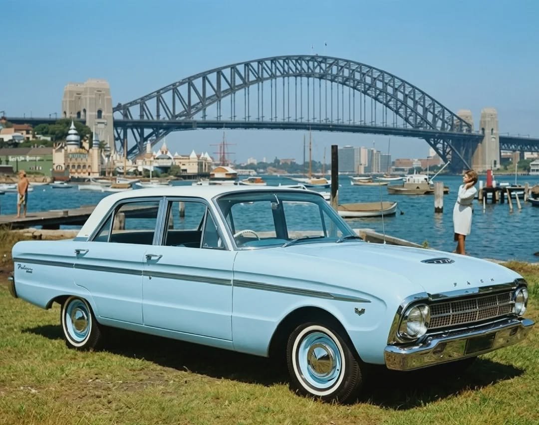 1964 Aussie Ford XM Falcon in 'Skylight blue' with the Sydney Harbour Bridge as a backdrop. From an original Ford magazine ad.