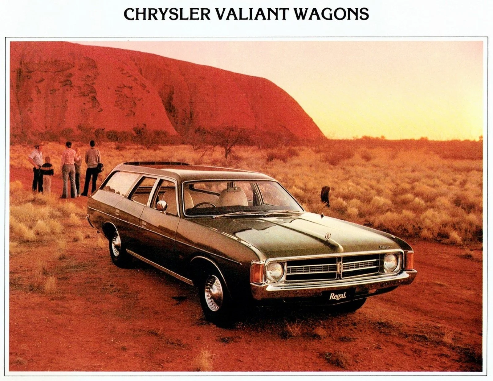  1975 metallic brown Chrysler VK Valiant Regal station wagon photographed at Uluru or as it was known back then - Ayers Rock. Vintage print ad. 