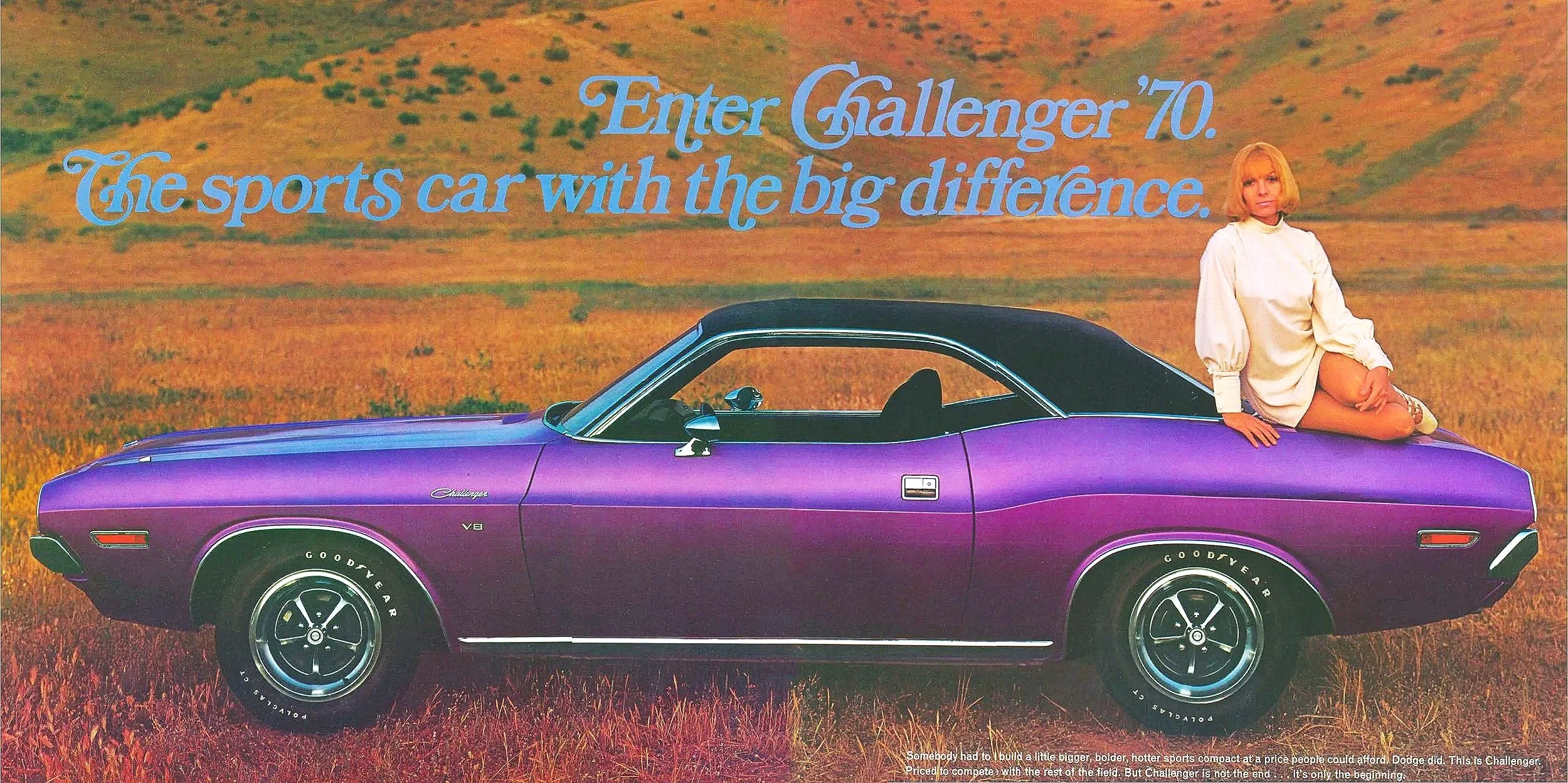 Original 1970 to 1974 Dodge Challenger vintage advertisement; high-resolution print scan featuring Mopar E-body performance and Scat Pack styling.