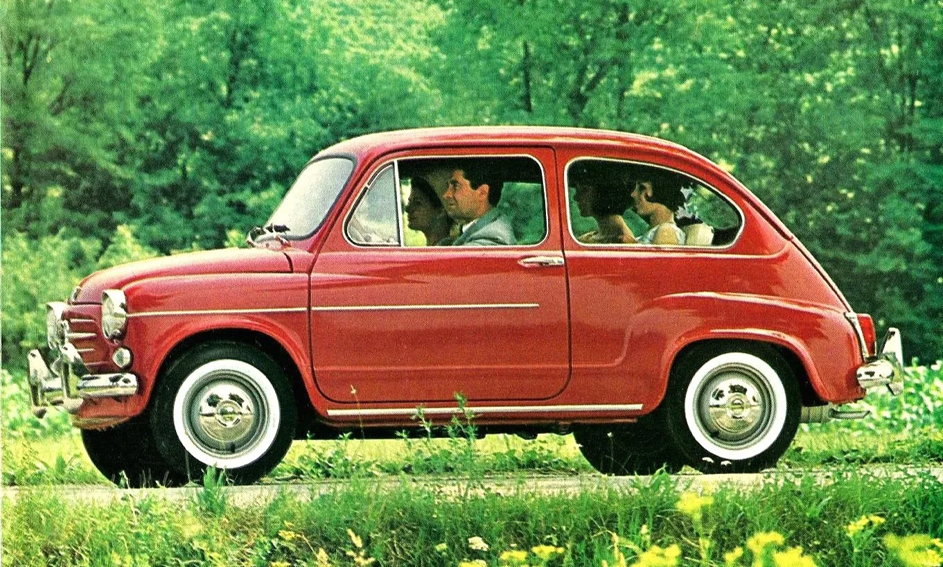Vintage mid-century magazine advertisement showcasing a classic Fiat 500. Click to explore the Fiat historic print advertising archive.