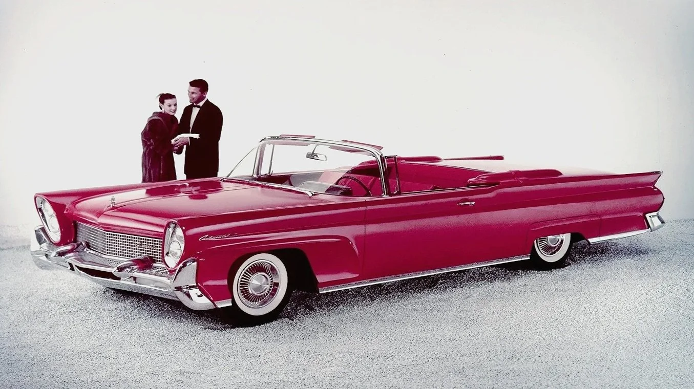 Vintage Lincoln Continental, Premiere, and Capri print advertisements and 1950s-1970s luxury car gallery.
