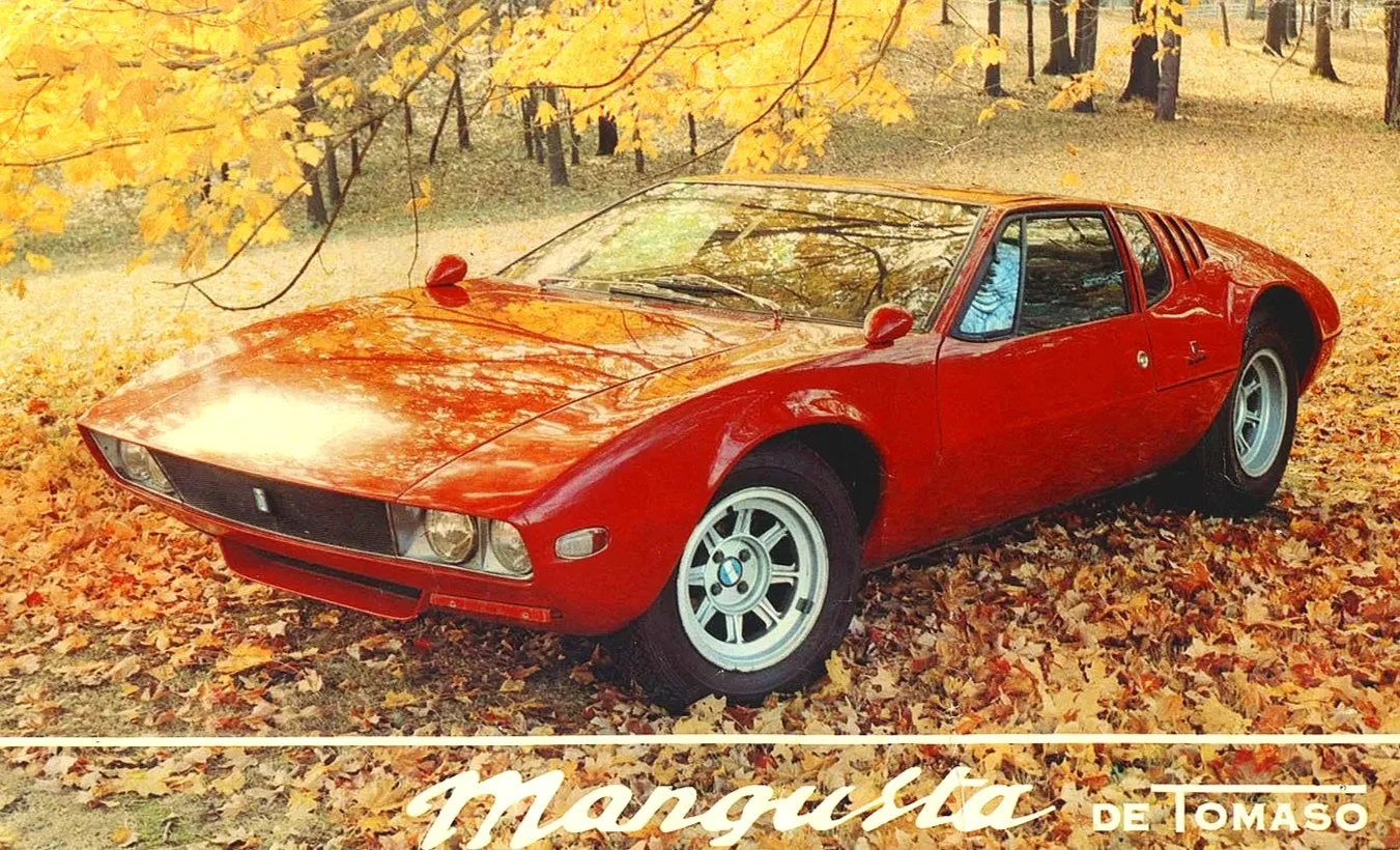 Original factory marketing brochure illustration of a red 1969 De Tomaso Mangusta. Click to view the De Tomaso classic print ad and press kit archive.