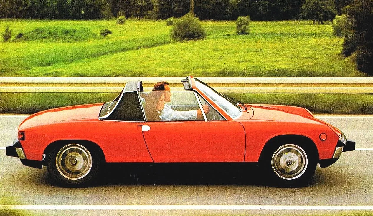 1970s Porsche 914 vintage advertisements and mid-engine technical prints highlighting the collaboration between Porsche and Volkswagen.