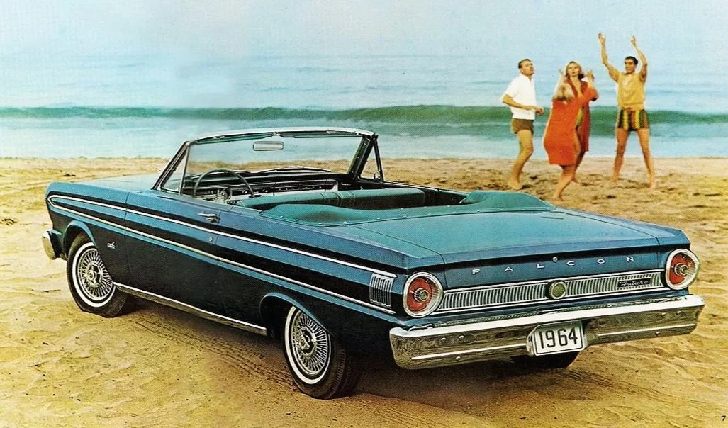 Vintage US Ford Falcon advertising archive featuring original 1960s compact car print ads and economy-focused marketing media.