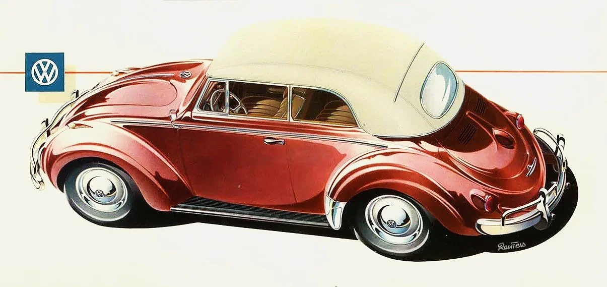 A vintage 1950s Volkswagen Beetle advertisement; click to explore the curated gallery of VW Beetle print ads and history from 1950-1977.