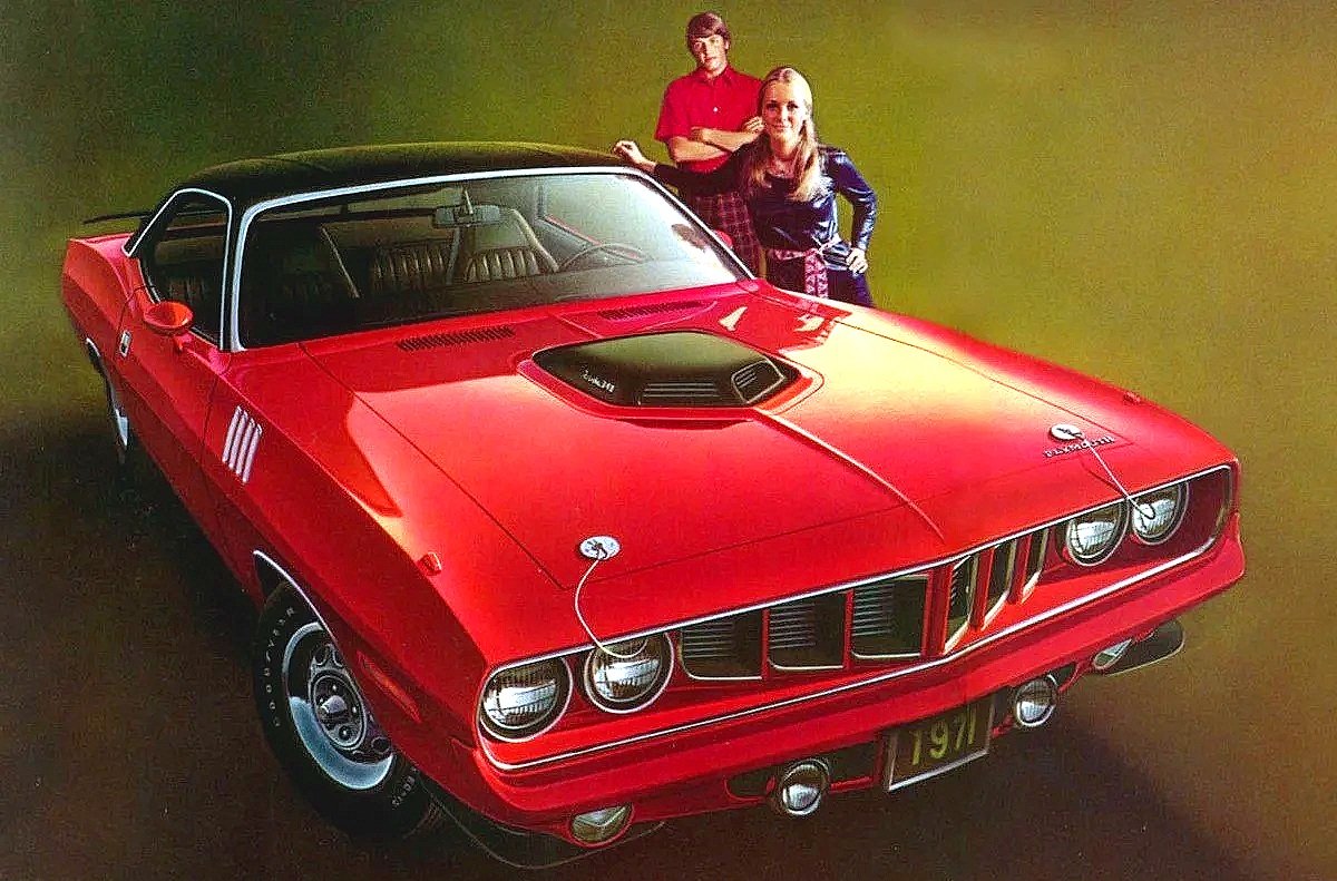 Classic Plymouth Barracuda and 'Cuda advertisements featuring 1960s fastbacks and 1970s E-body muscle car print scans.