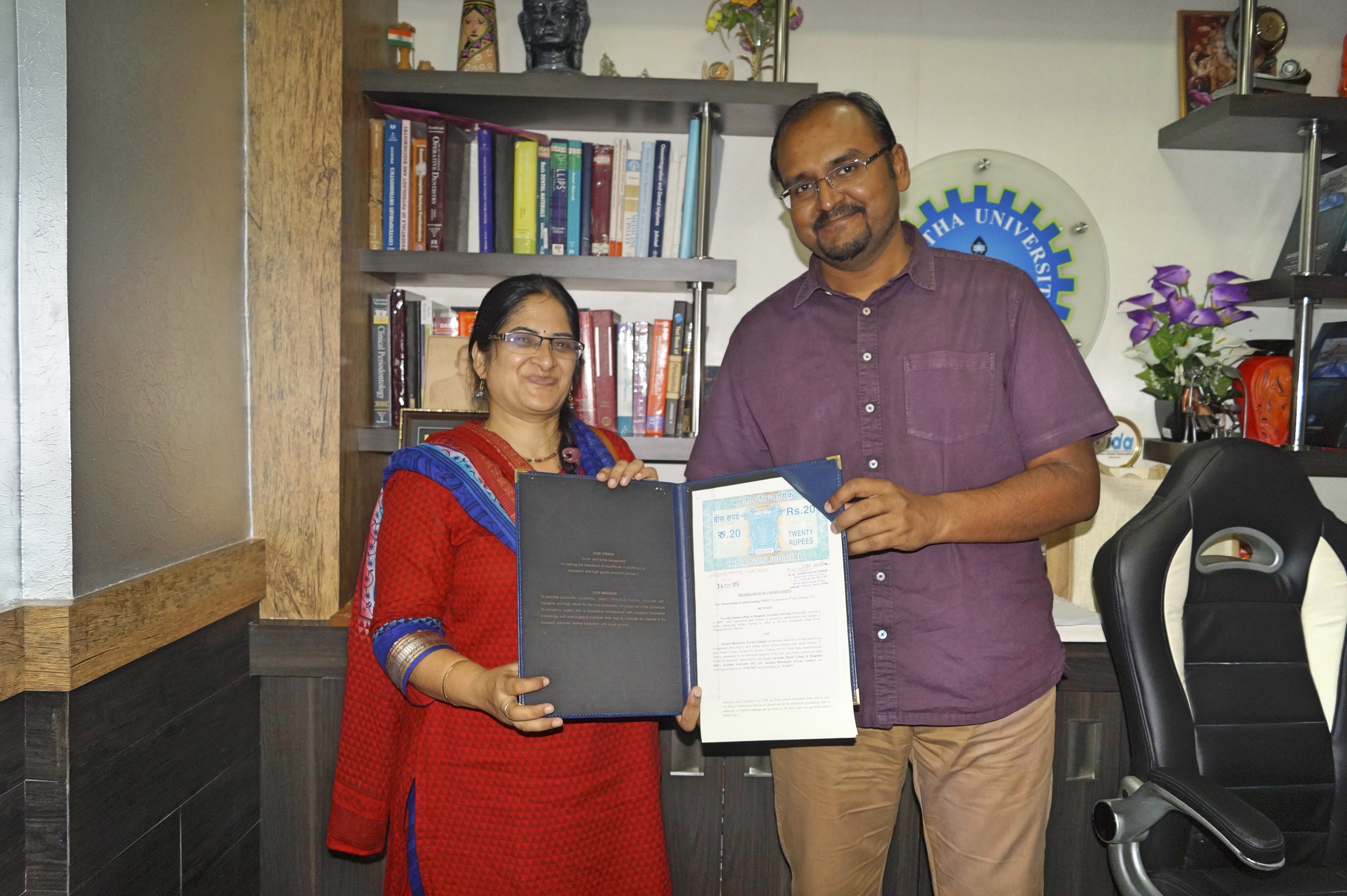 Dr.Savithri Shivakumar & Dr. Deepak Nallasamy with the MOU signed
